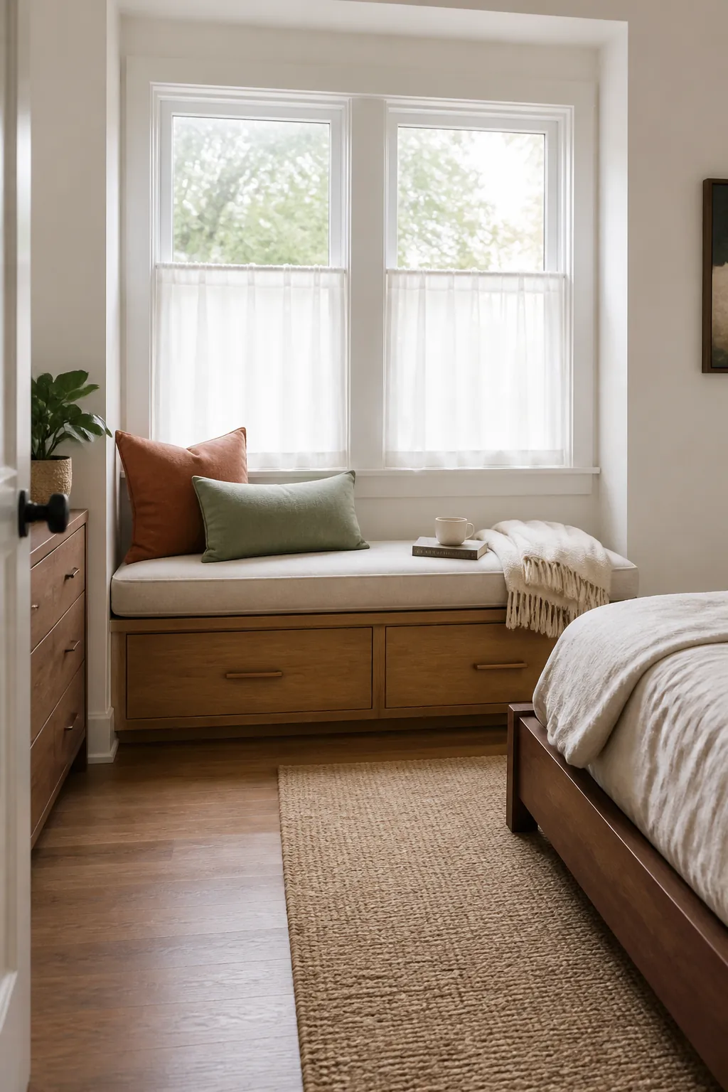 Warm and practical window seat in a serene modern bedroom