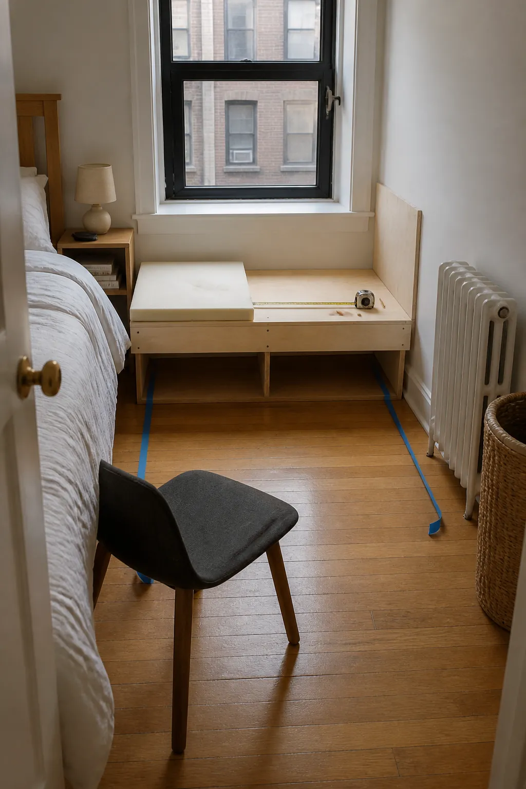 Compact bedroom window seat measured for comfortable daily use