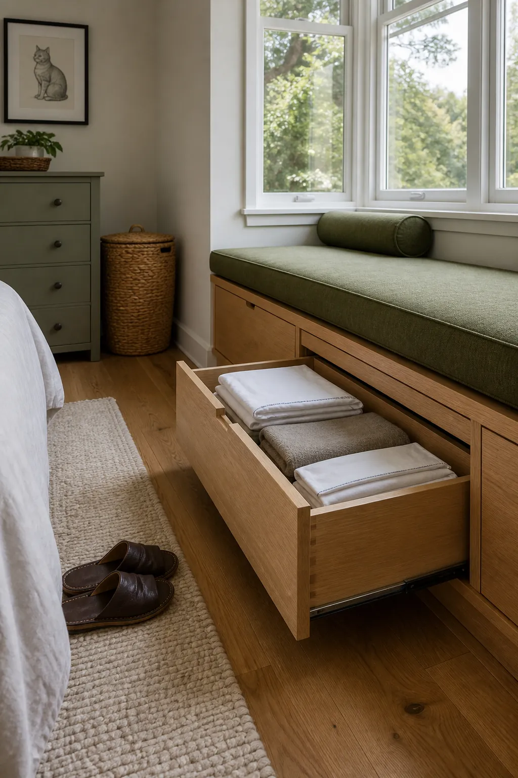 Bedroom window bench with accessible drawers and organized storage
