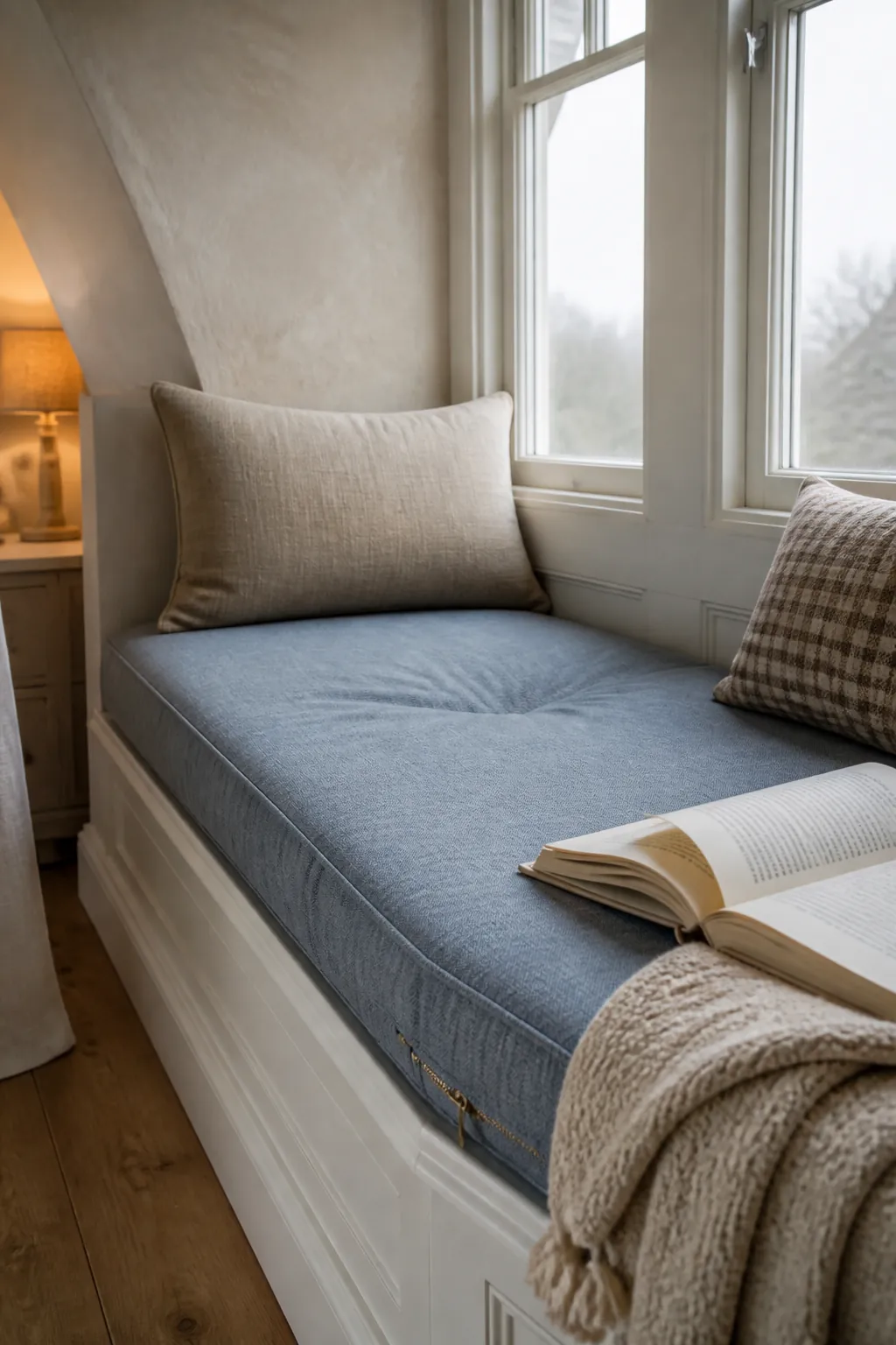 Comfortable custom cushion on a cozy bedroom window bench