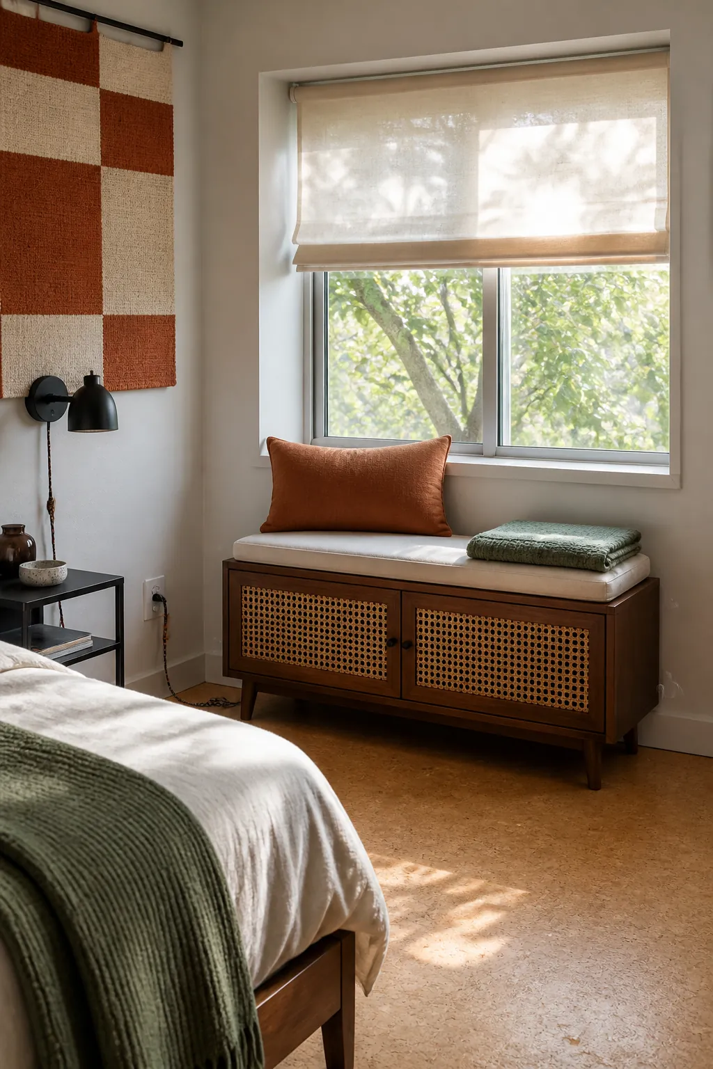 Renter friendly window seat in a small cozy bedroom