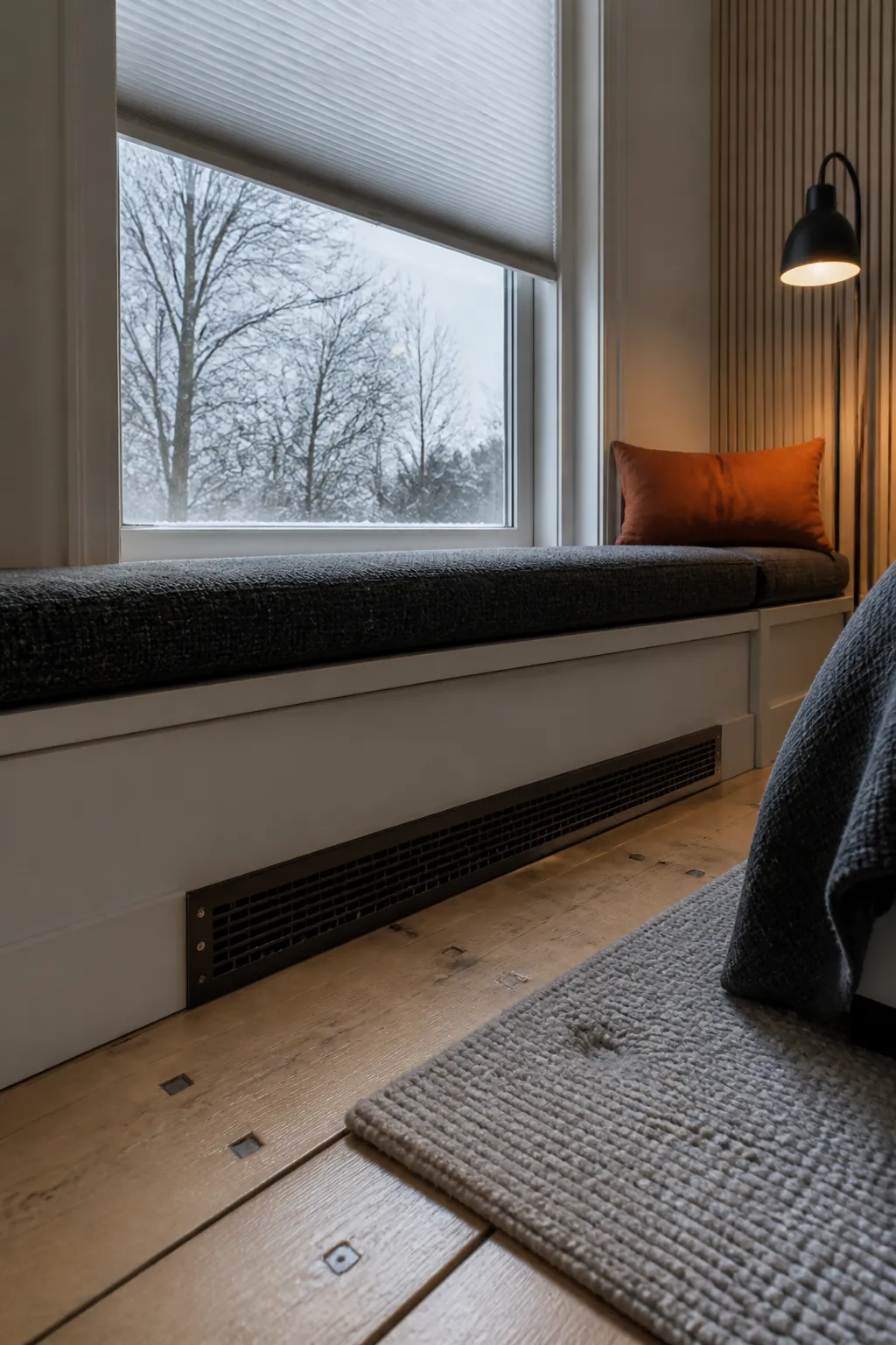 Modern window seat designed safely around a bedroom floor vent