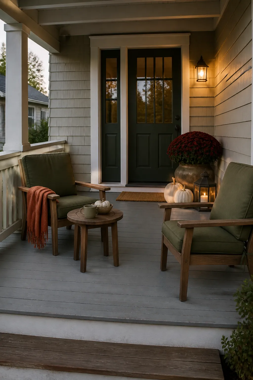 Cozy fall porch with practical seating, warm light, pumpkins, and mums