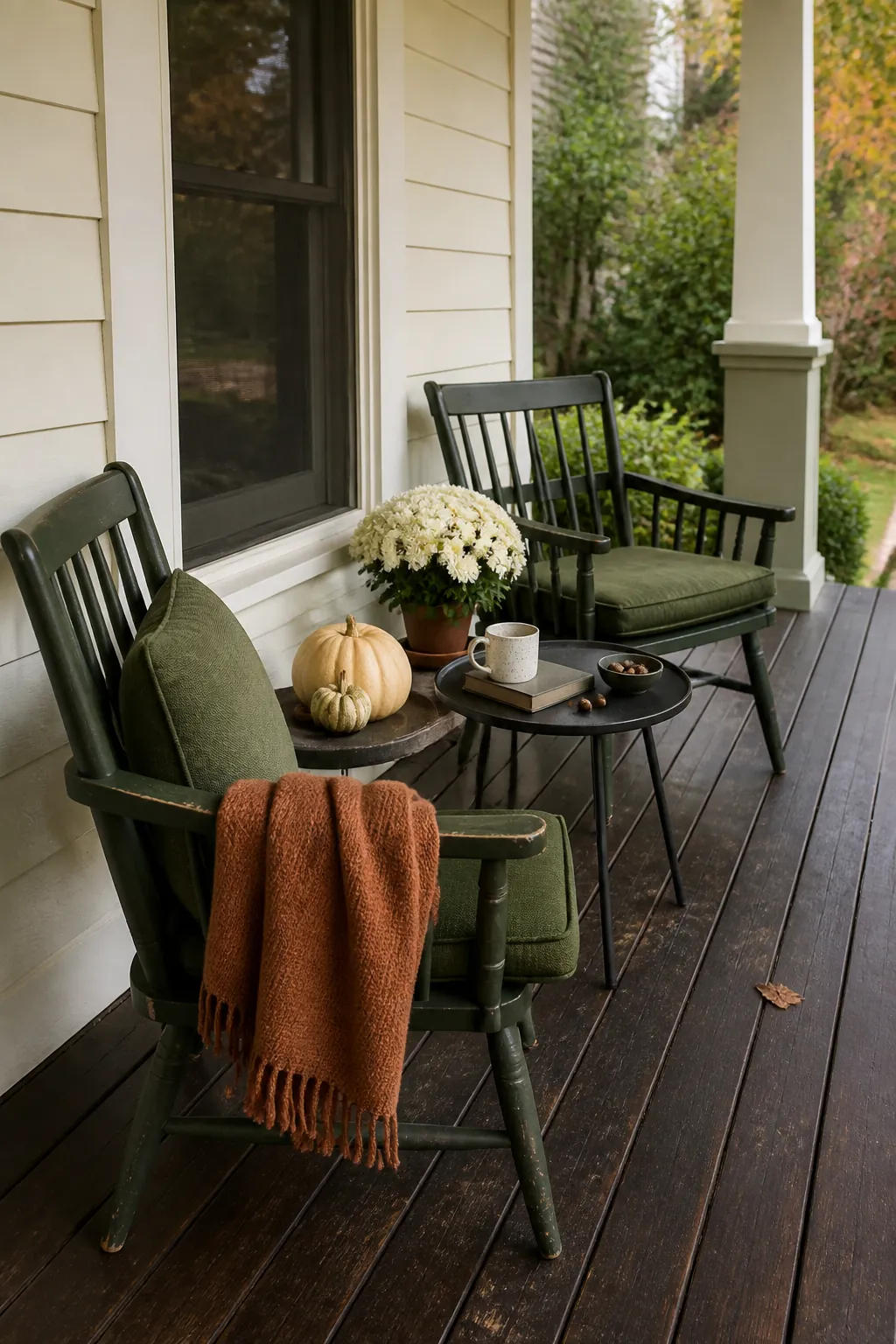 Cozy fall porch conversation corner with two chairs and a small table