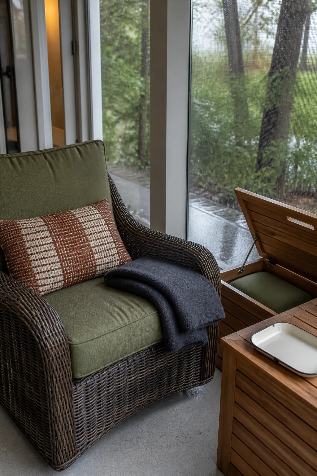 Covered porch chair with weather resistant cushions and a folded autumn throw