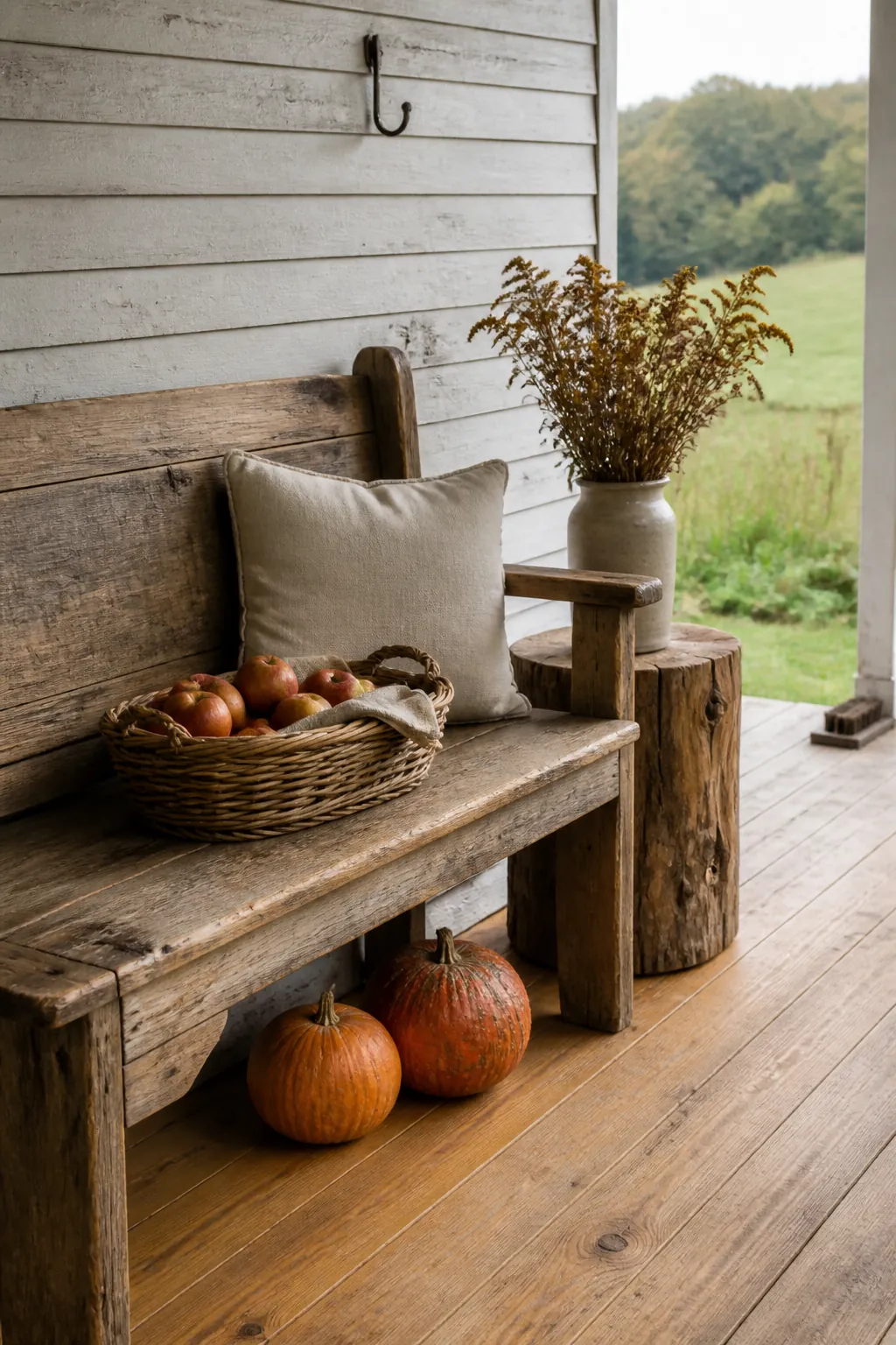 Rustic fall porch with a weathered wood bench and woven harvest basket