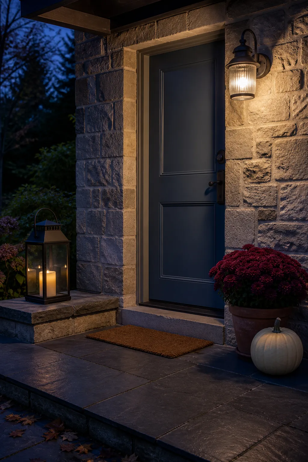 Autumn porch at dusk with a wall light and protected lantern glow