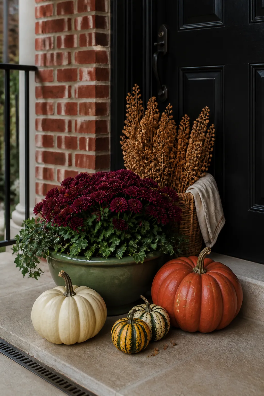Gathered harvest porch display in cream, rust, wine, and olive tones