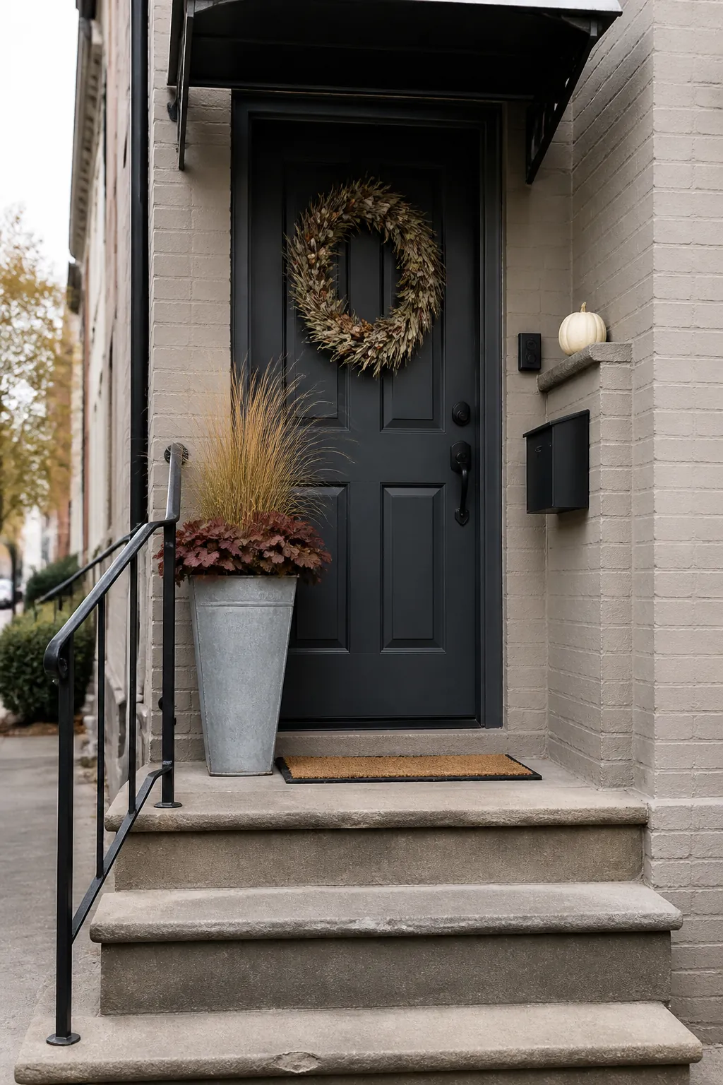 Tiny cozy fall stoop with one planter, wreath, and clear doorway