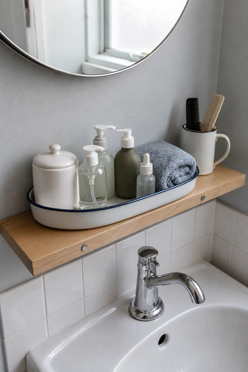Daily bathroom essentials contained in a shallow washable shelf tray