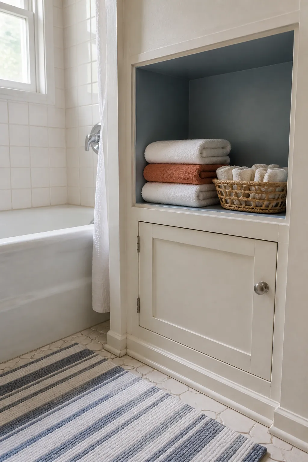 Small folded towel display on an open bathroom shelf