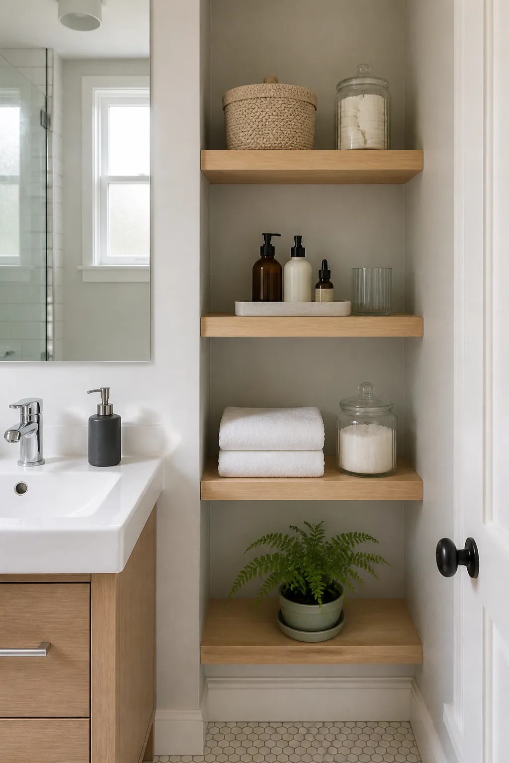Functional bathroom shelves with towels jars baskets and a small plant