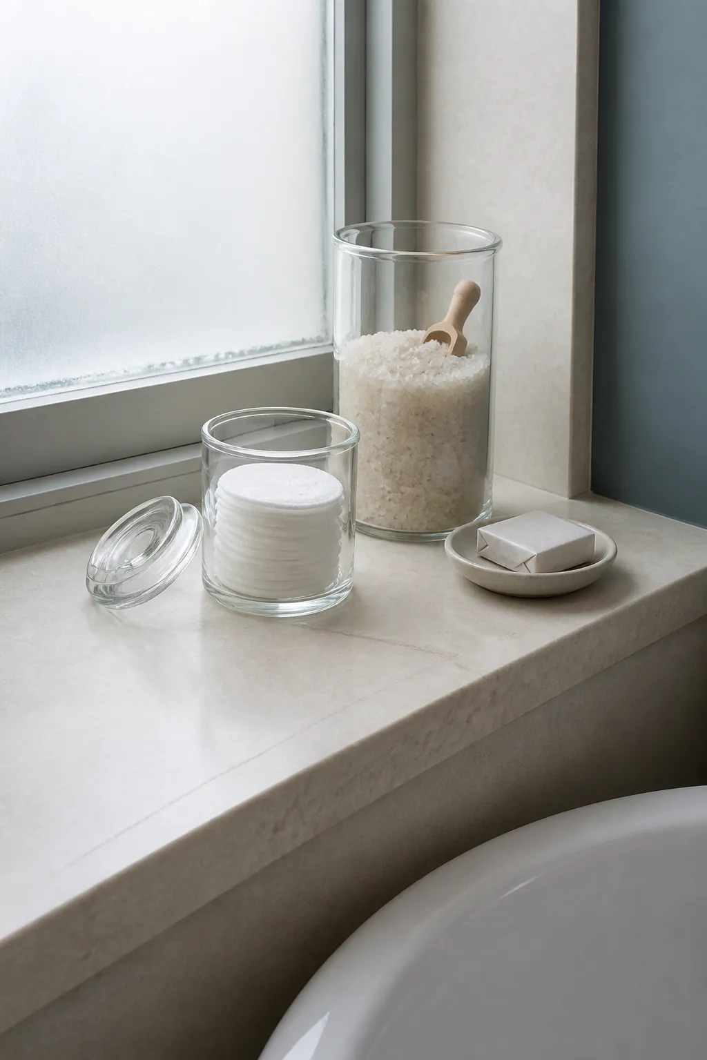Apothecary jars storing cotton rounds and bath salts on a bathroom shelf