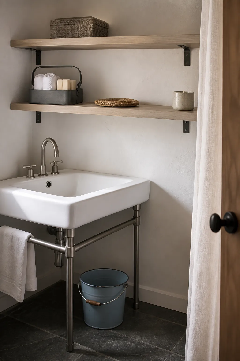 Easy clean functional bathroom shelf styling with grouped decor and open space