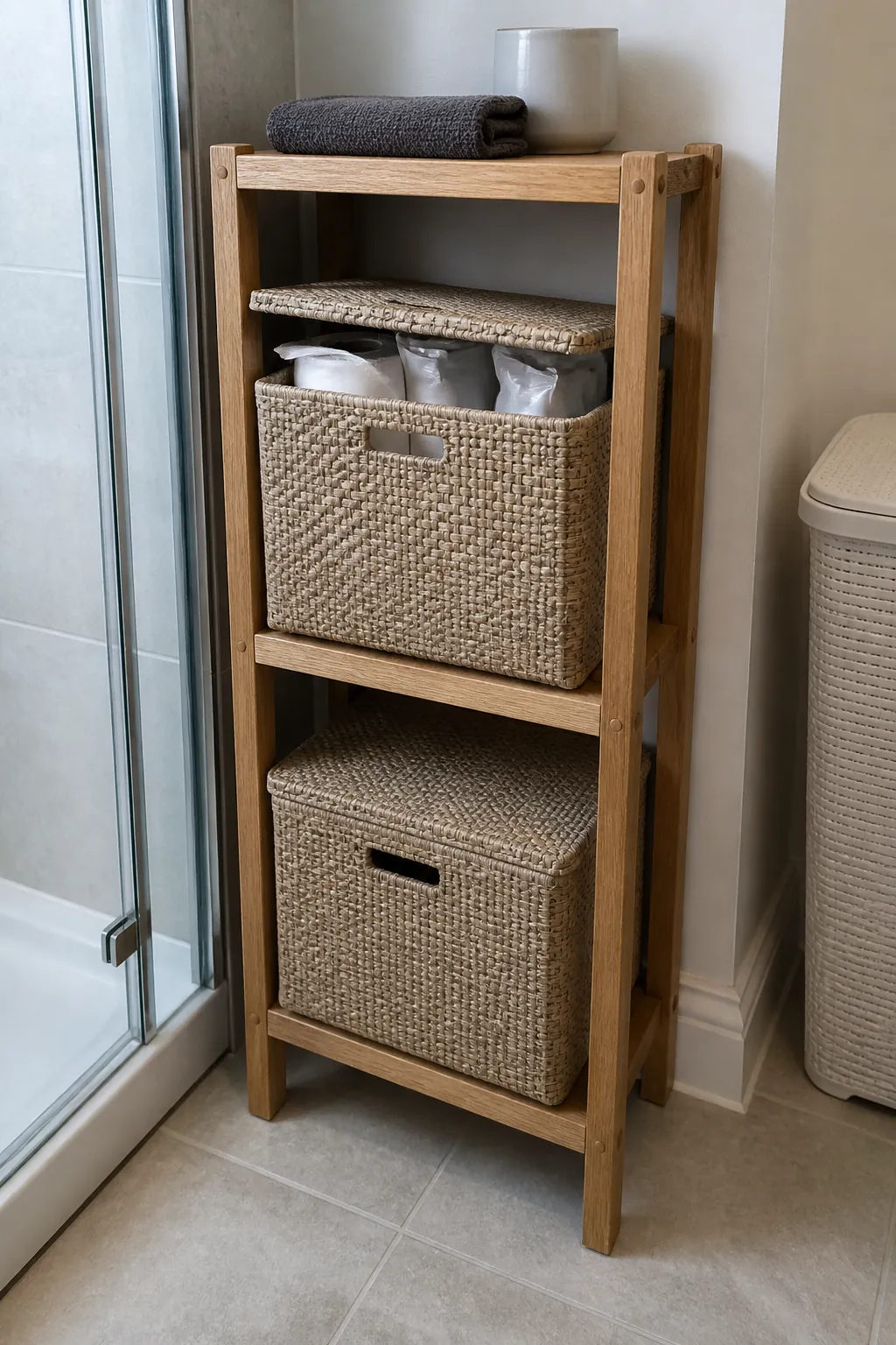 Fitted woven bathroom baskets concealing refill packages on shelves