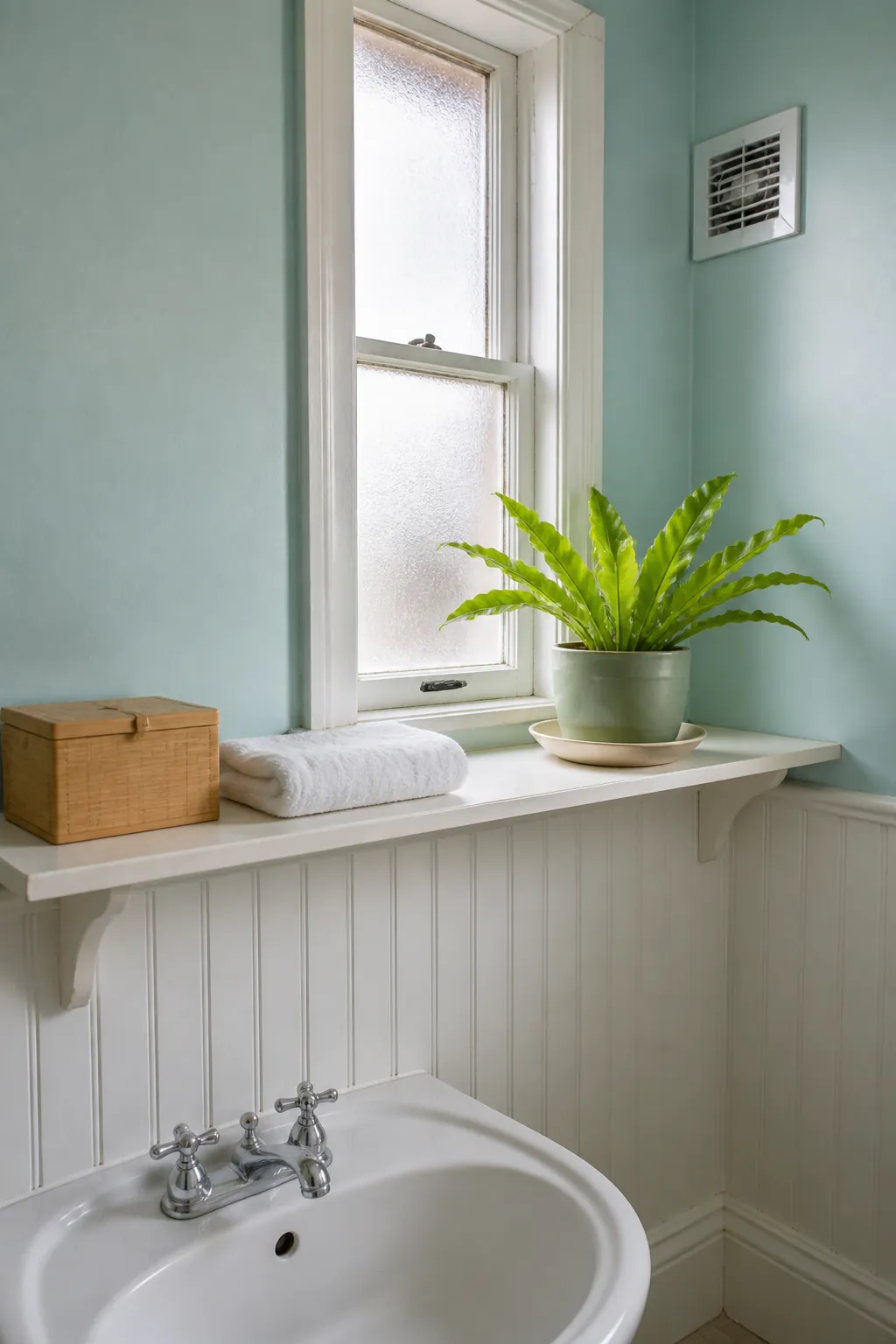 Small humidity tolerant plant in a glazed saucer on a bathroom shelf