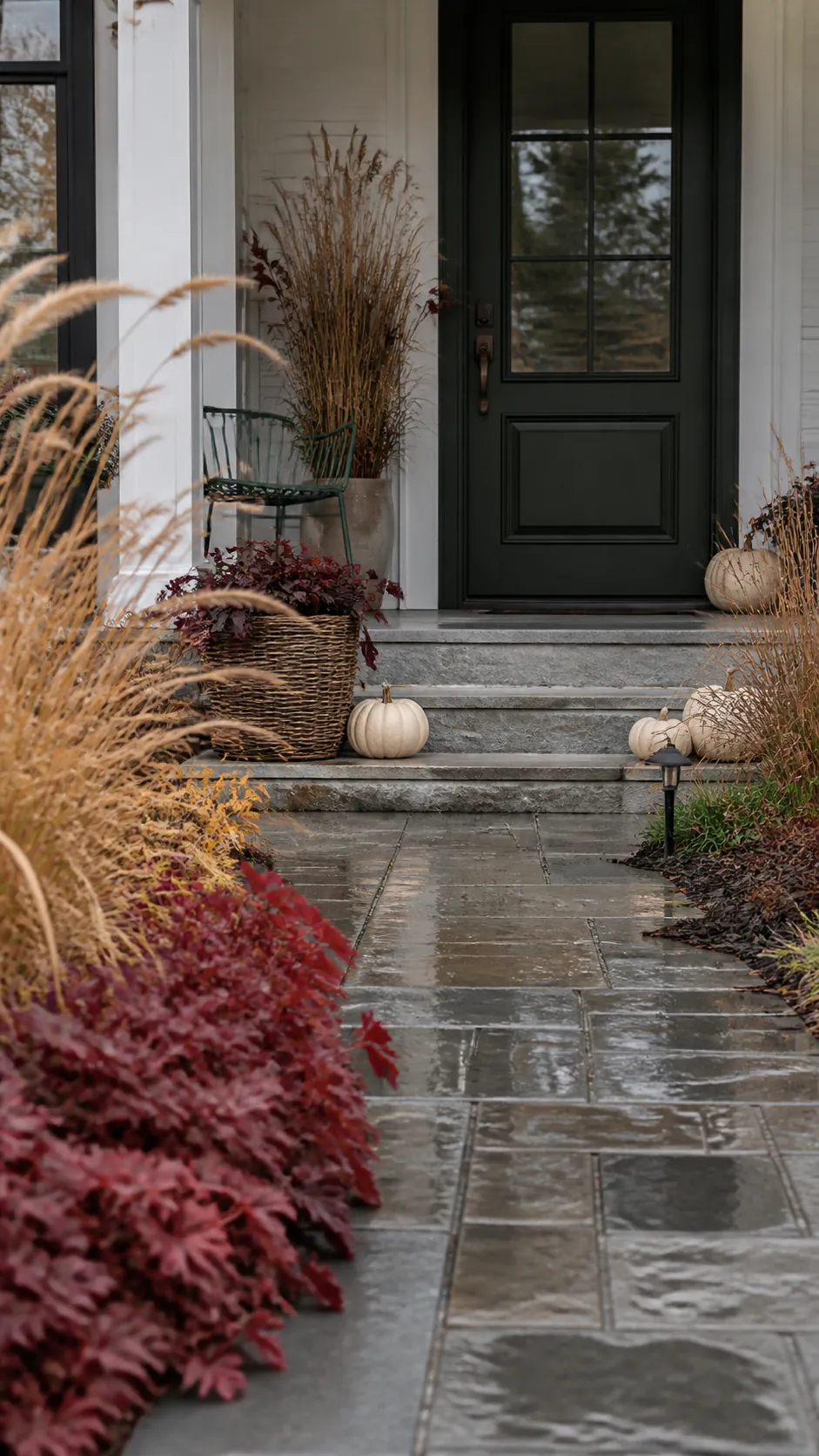 Outdoor fall porch connected to the front yard with durable seasonal decor