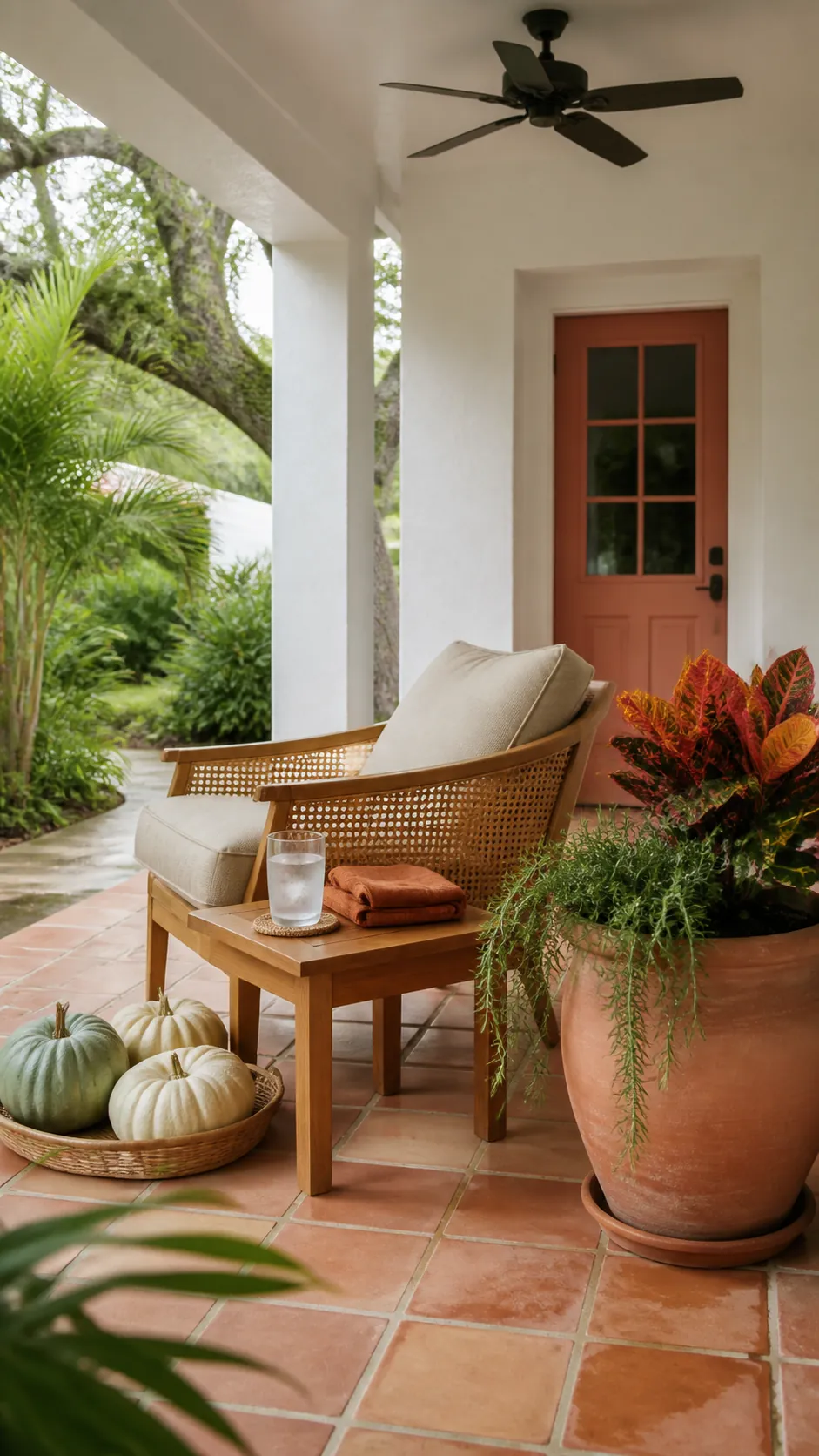 Warm climate autumn porch with breathable seating and heat tolerant foliage