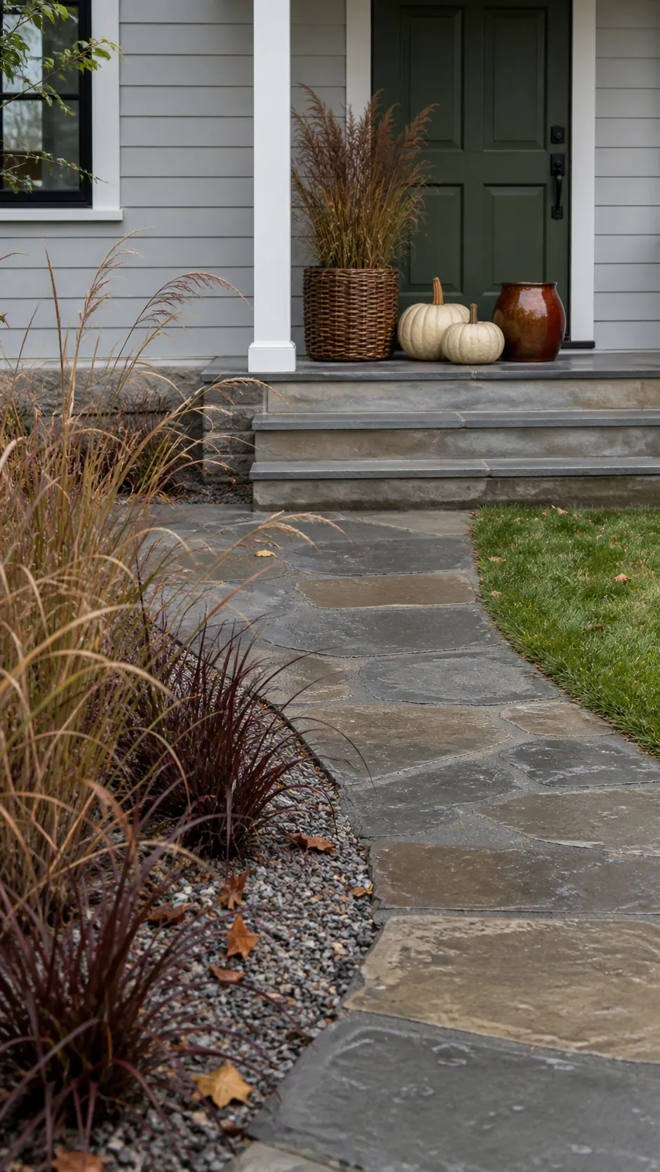 Fall yard and porch connected with ornamental grasses and rust colored foliage
