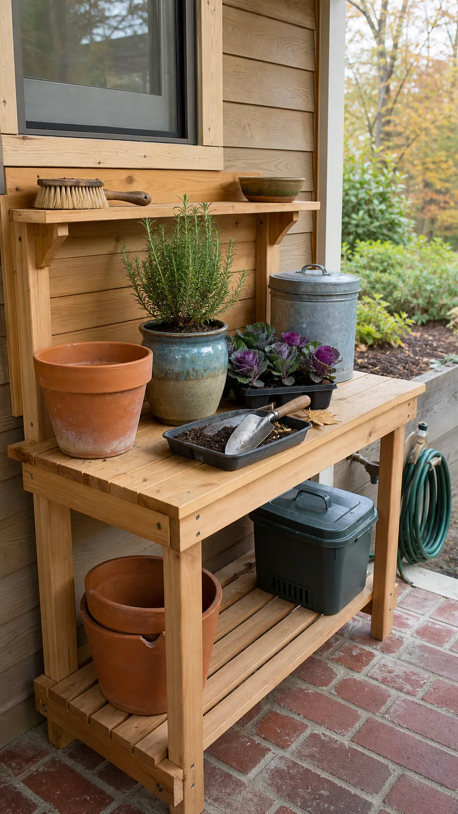 Autumn porch container care station with reusable pots, soil tools, and healthy plants