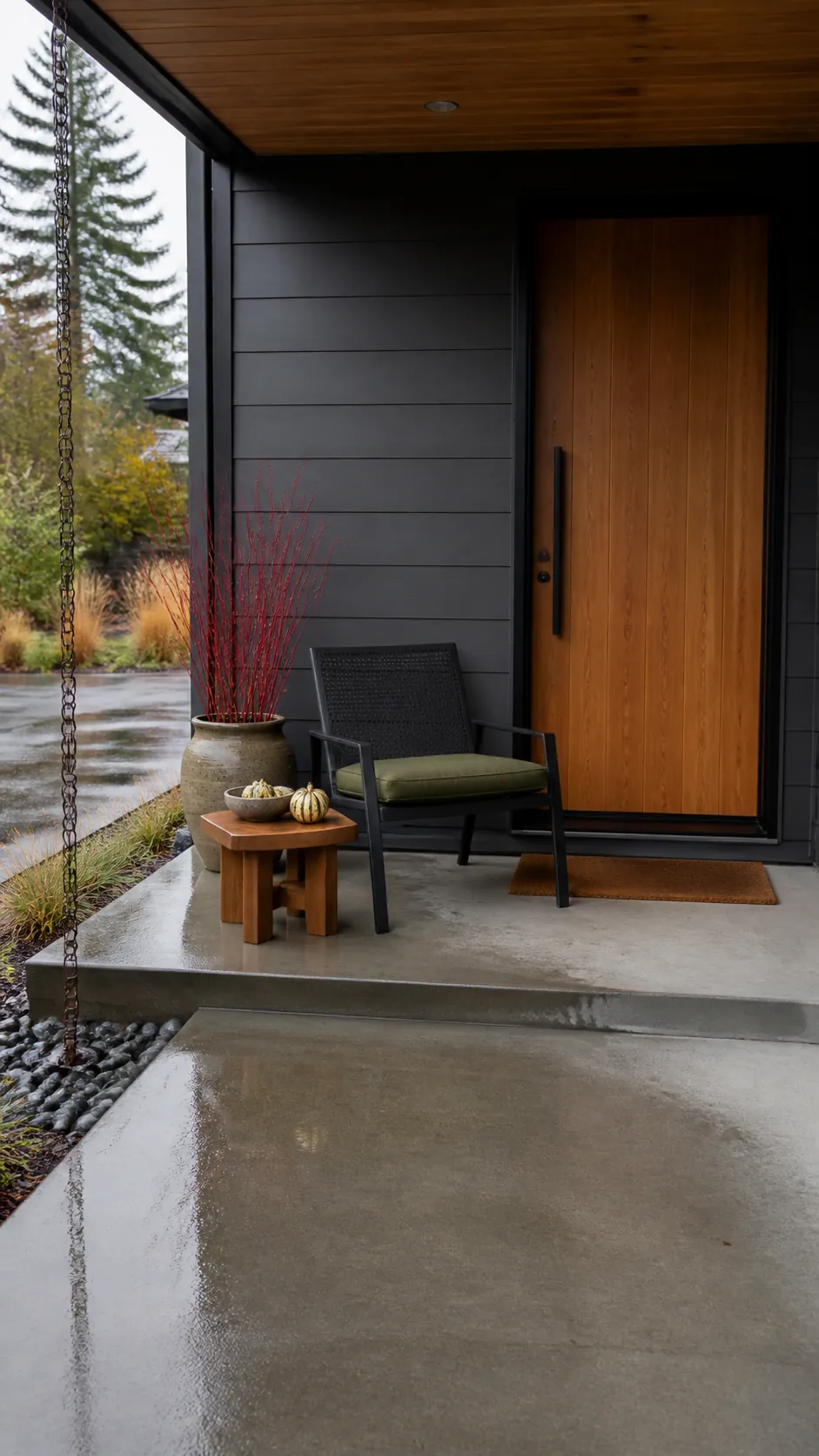 Low maintenance fall porch with metal seating and durable outdoor materials