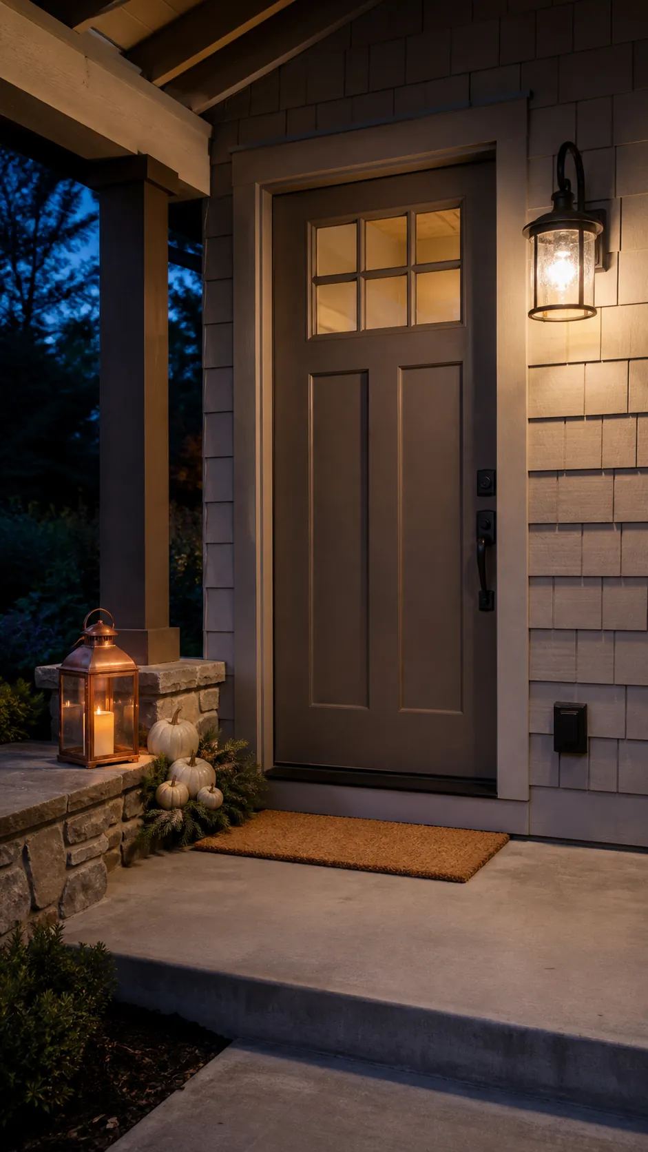 Safely lit fall porch with an exterior wall fixture and enclosed battery lantern