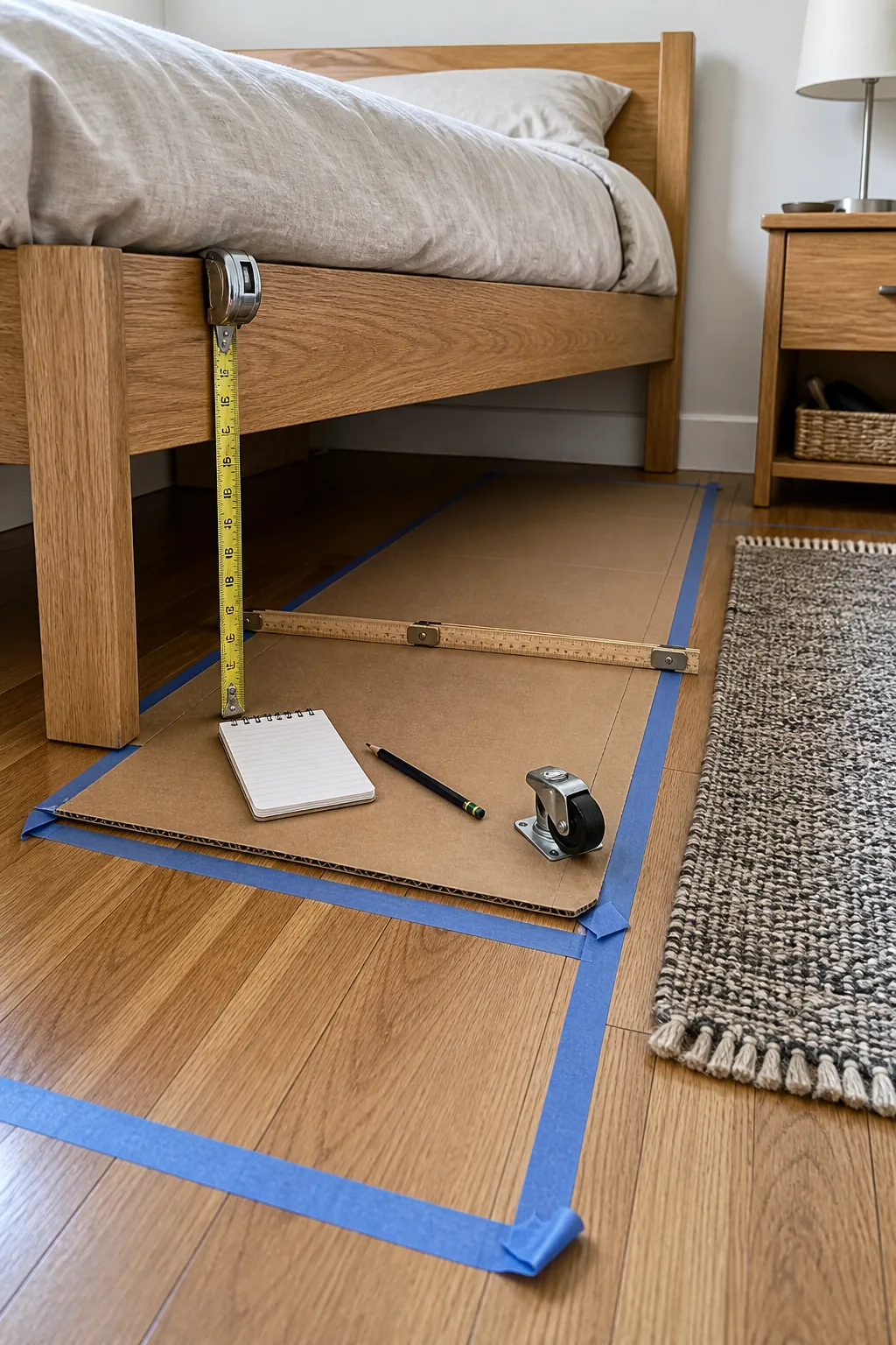 Measuring under bed clearance and marking a storage drawer footprint