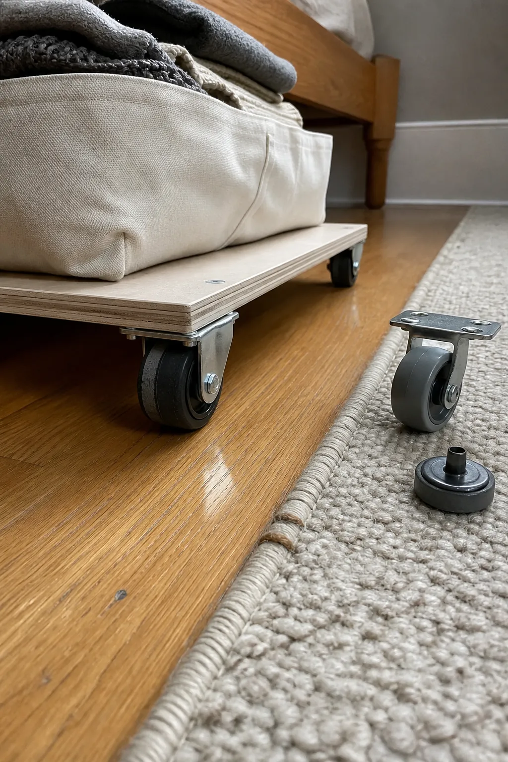 Testing under bed drawer casters on wood flooring and a rug edge