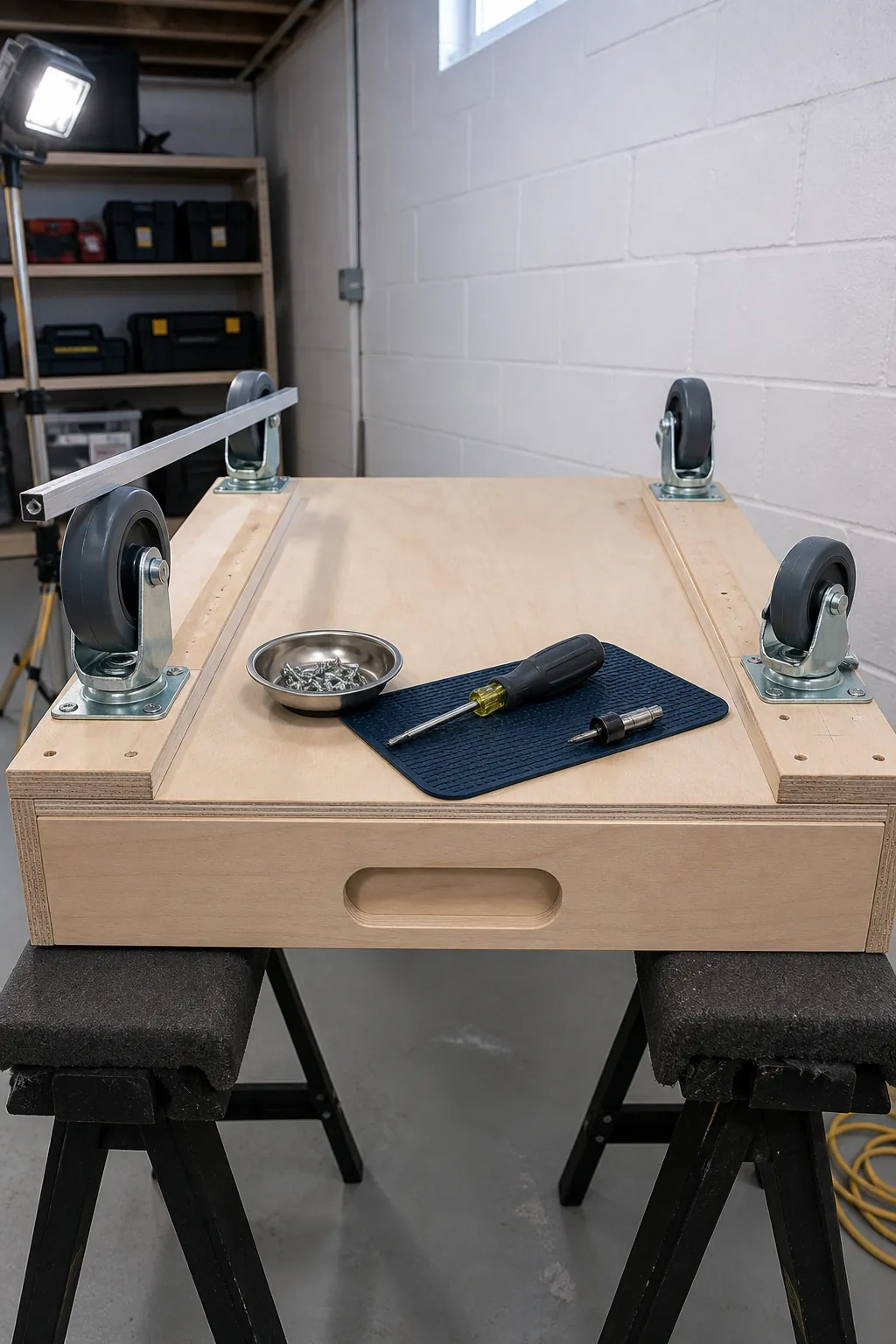 Installing low profile casters and a recessed pull on an under bed drawer
