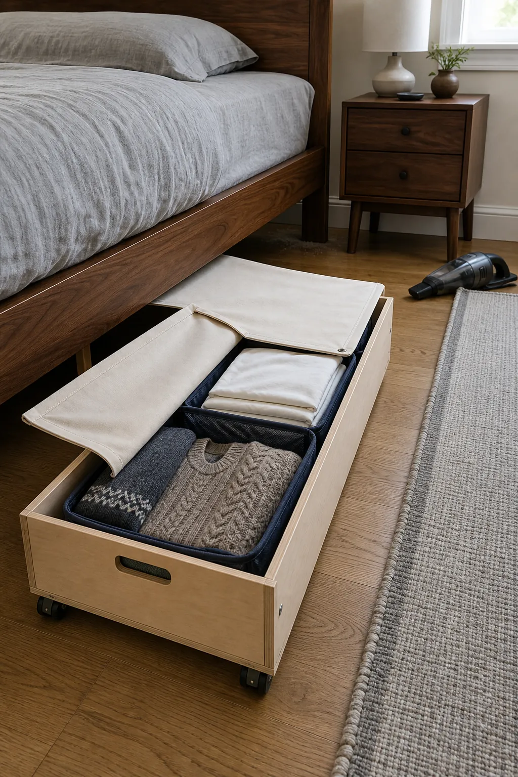 Finished under bed storage drawer with a folding dust cover and organized bedding
