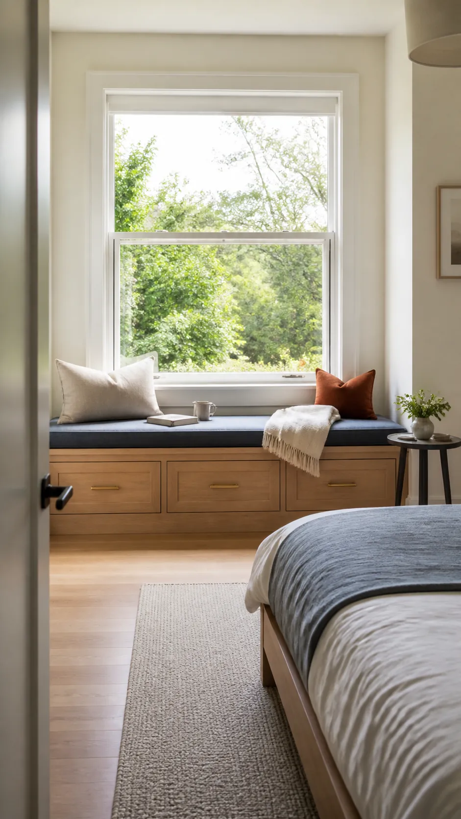 Inviting bedroom with a practical oak window seat and storage