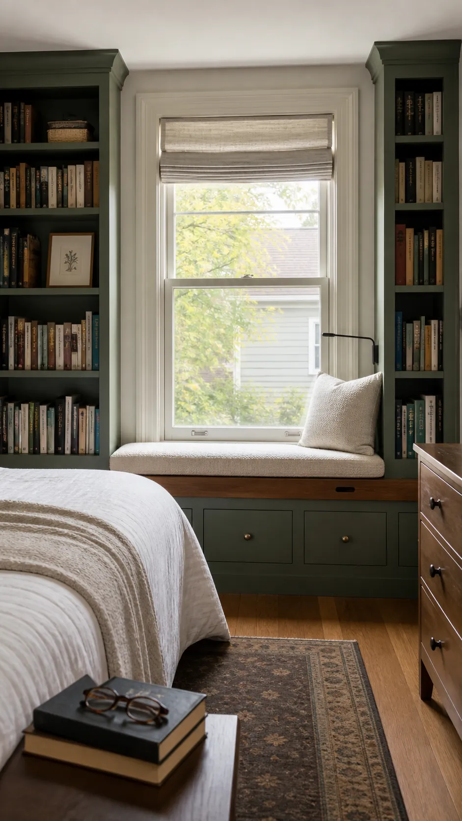 Bookcase Framed Nook in a practical bedroom window seat design