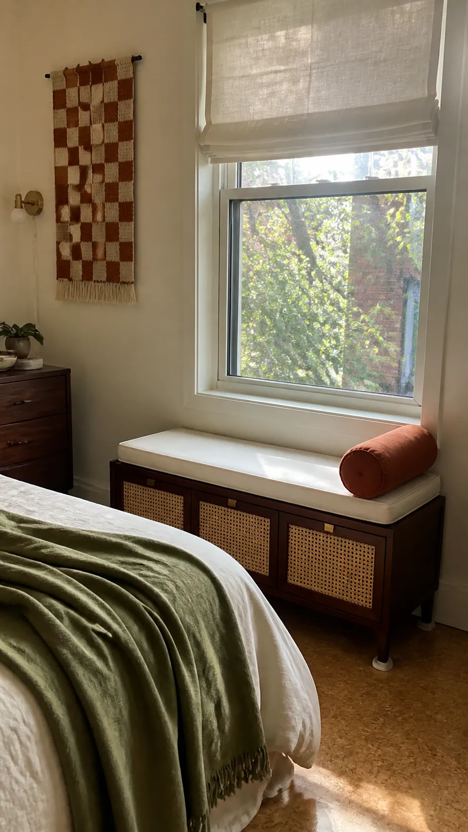 Renter Cane Storage Bench in a practical bedroom window seat design