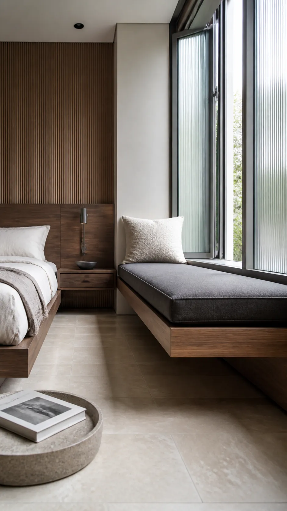Modern Walnut Cantilever in a practical bedroom window seat design