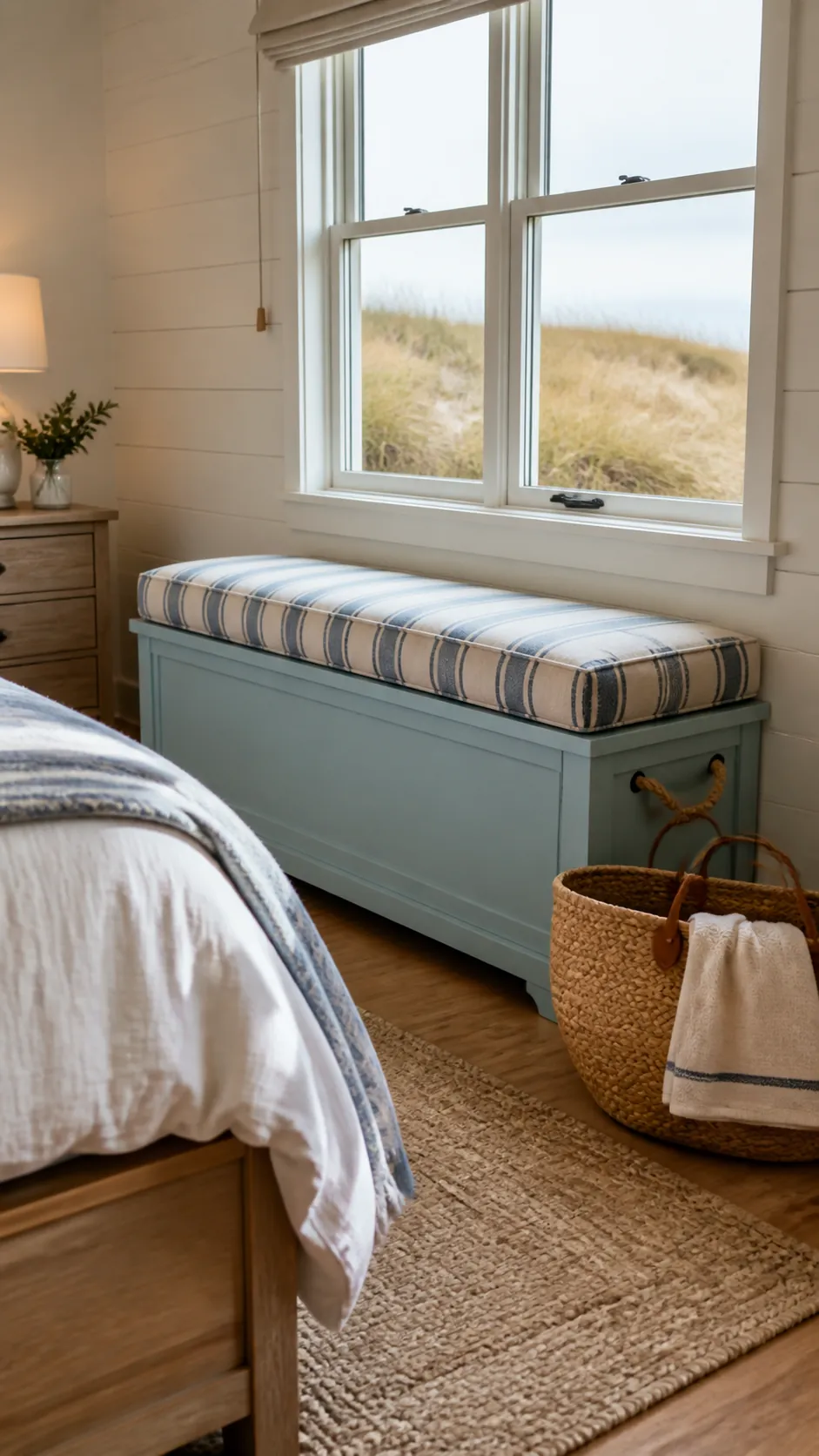Coastal Trunk Seat in a practical bedroom window seat design
