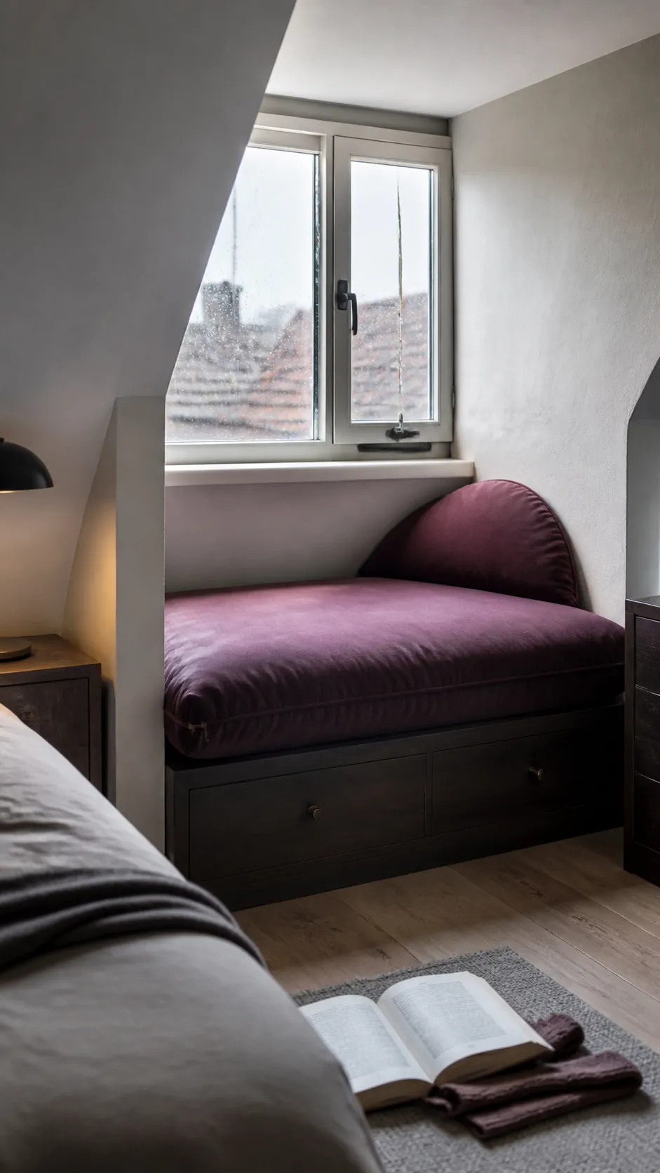 Attic Dormer Reading Nest in a practical bedroom window seat design