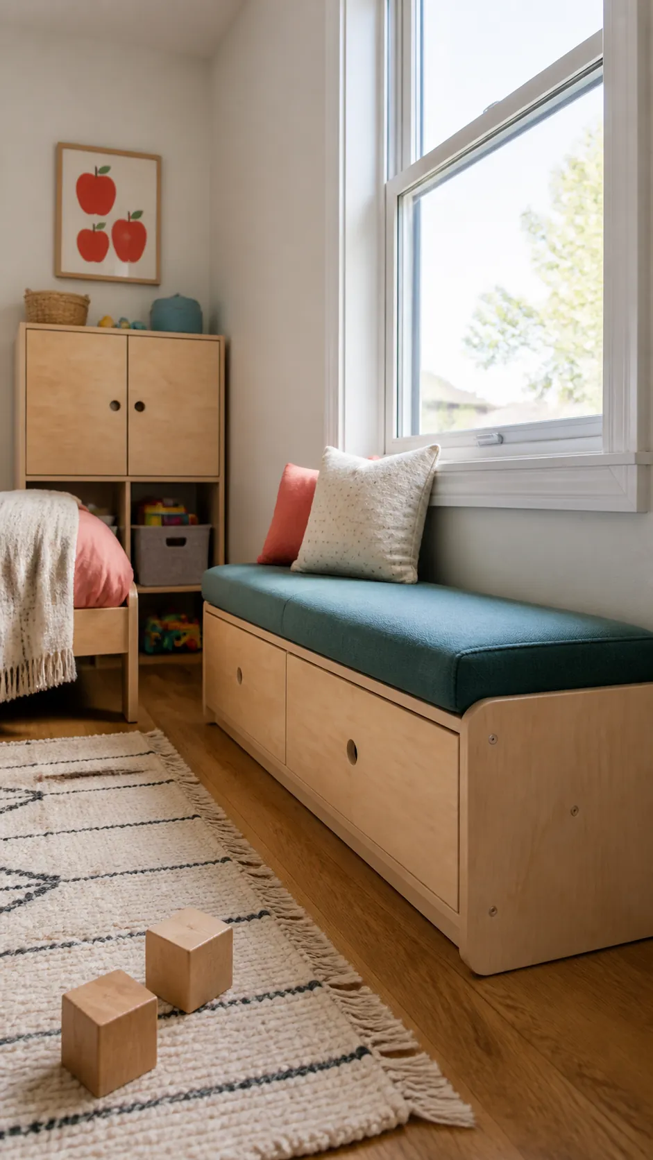 Childrens Toy Drawer Seat in a practical bedroom window seat design