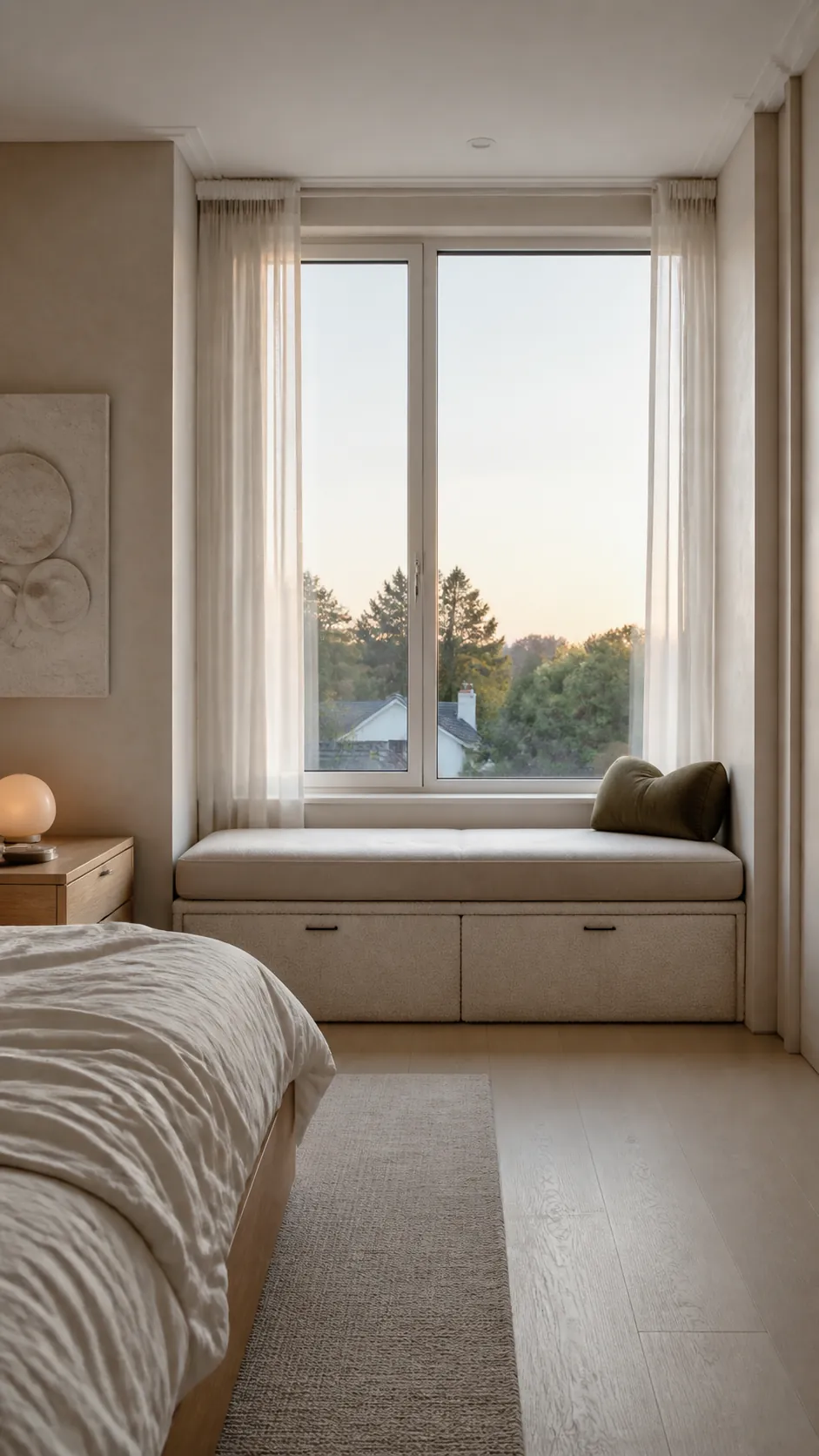 Boucle Primary Bedroom Seat in a practical bedroom window seat design