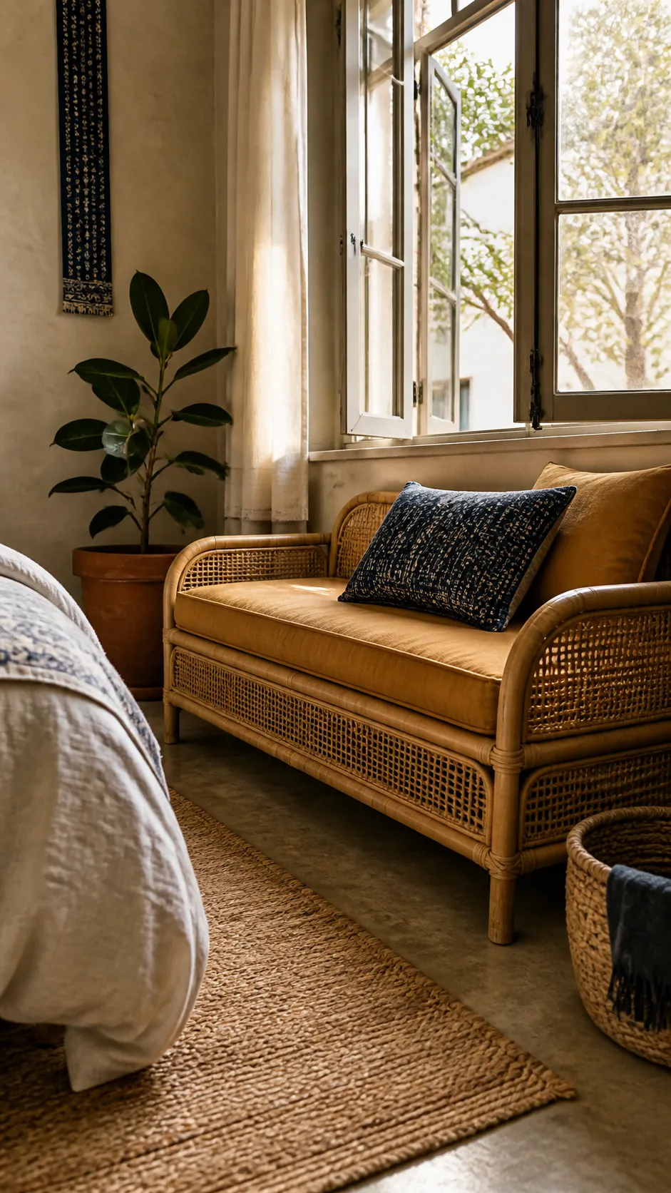 Rattan Bohemian Nook in a practical bedroom window seat design