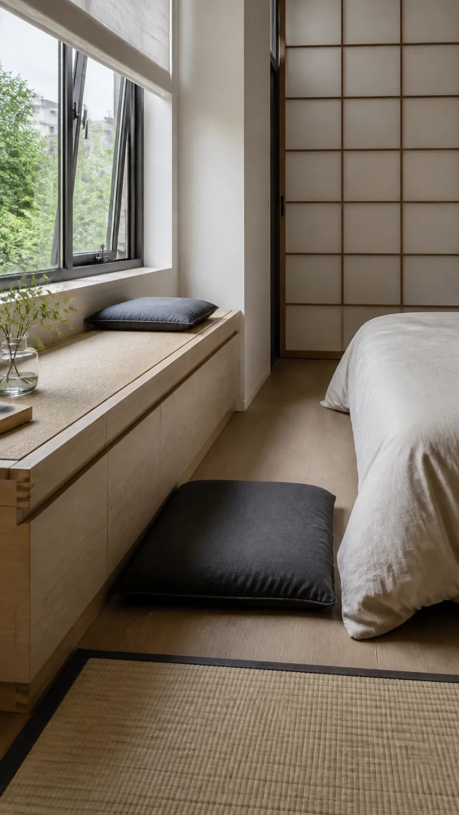 Tatami Inspired Platform in a practical bedroom window seat design