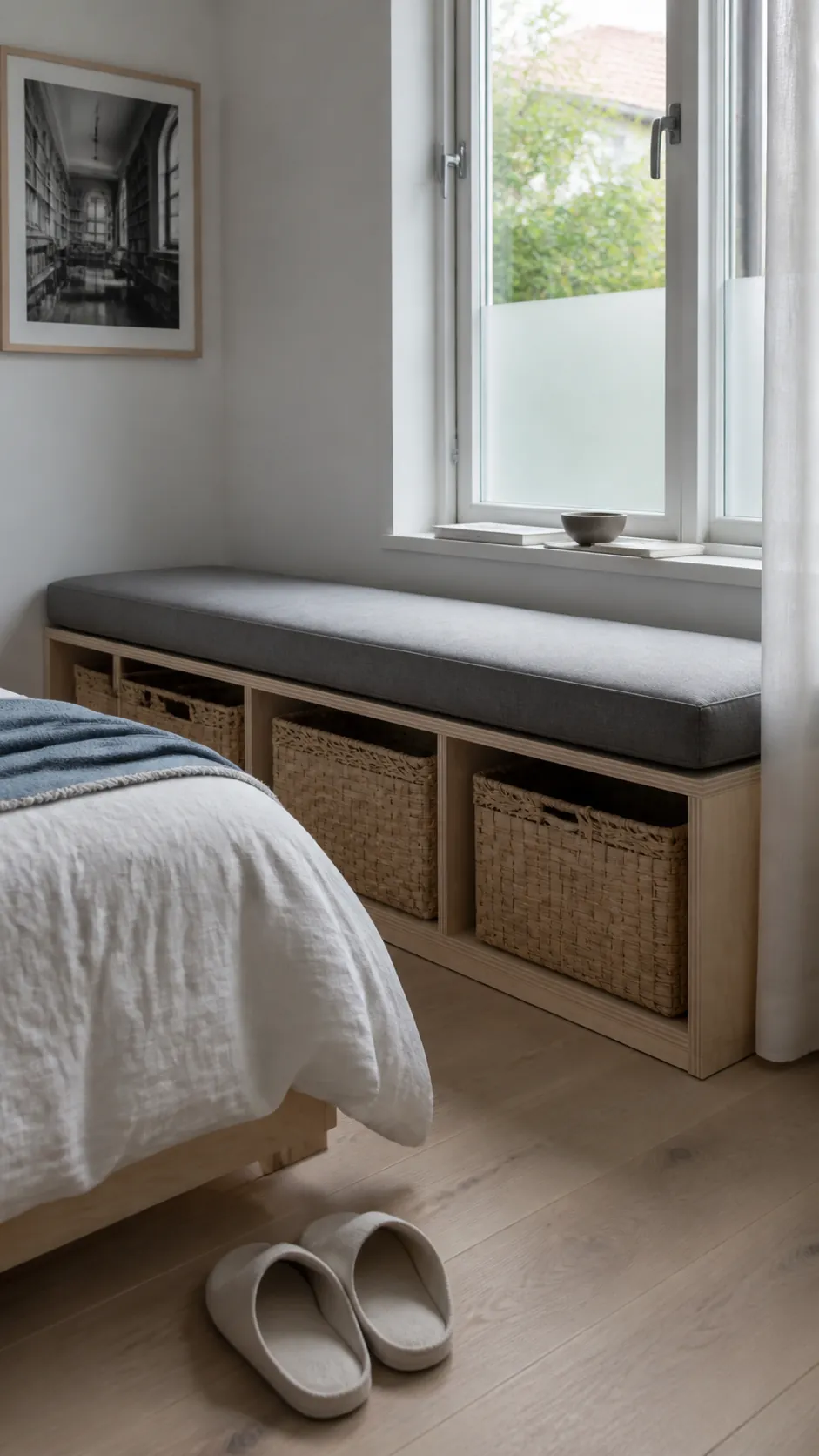 Scandinavian Birch Bench in a practical bedroom window seat design