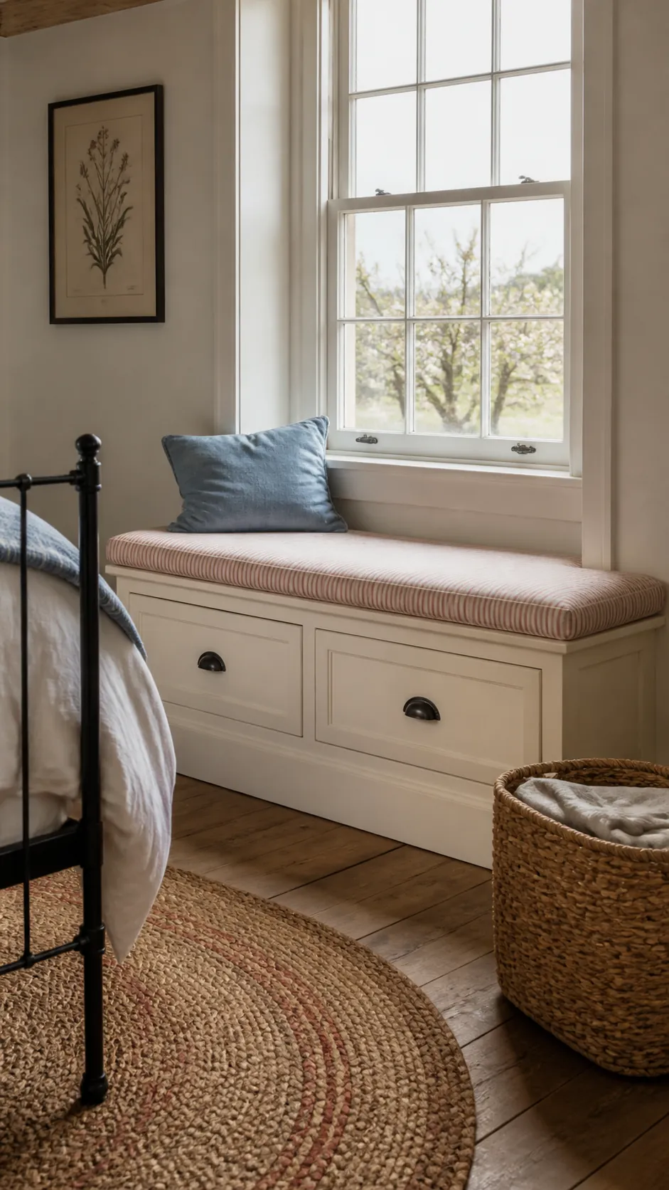 Farmhouse Shaker Bench in a practical bedroom window seat design
