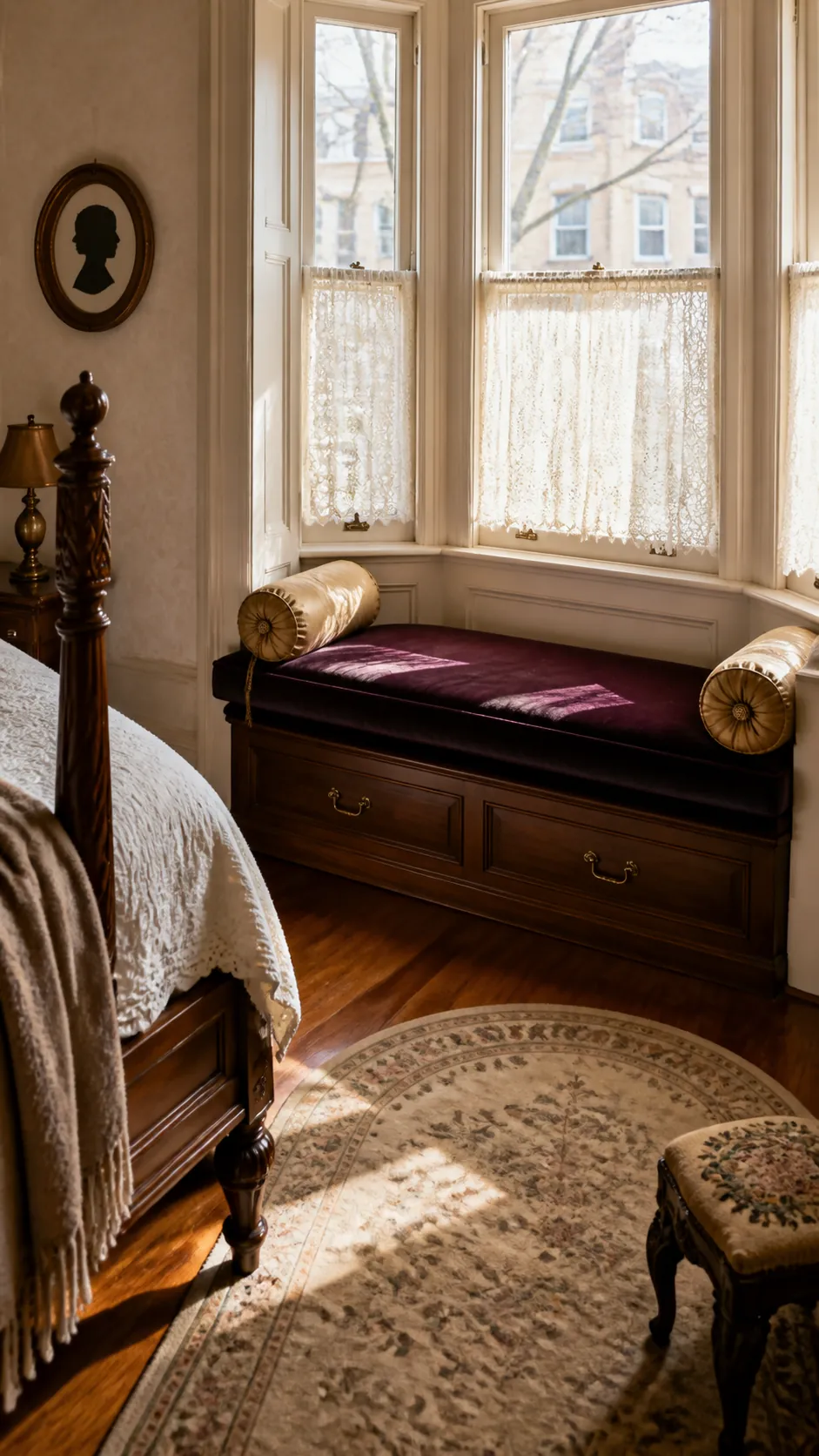 Victorian Bay Velvet Seat in a practical bedroom window seat design