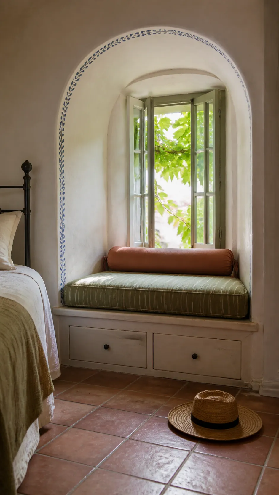 Mediterranean Plaster Nook in a practical bedroom window seat design