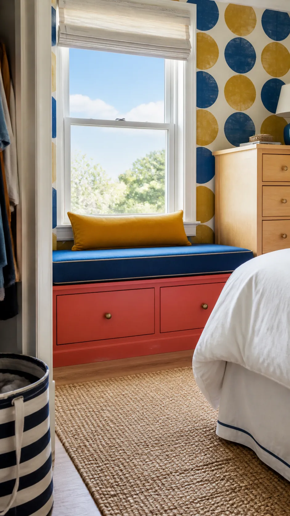 Colorful Family Bench in a practical bedroom window seat design