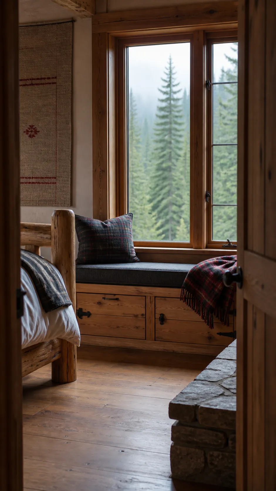 Rustic Cabin Window Bench in a practical bedroom window seat design