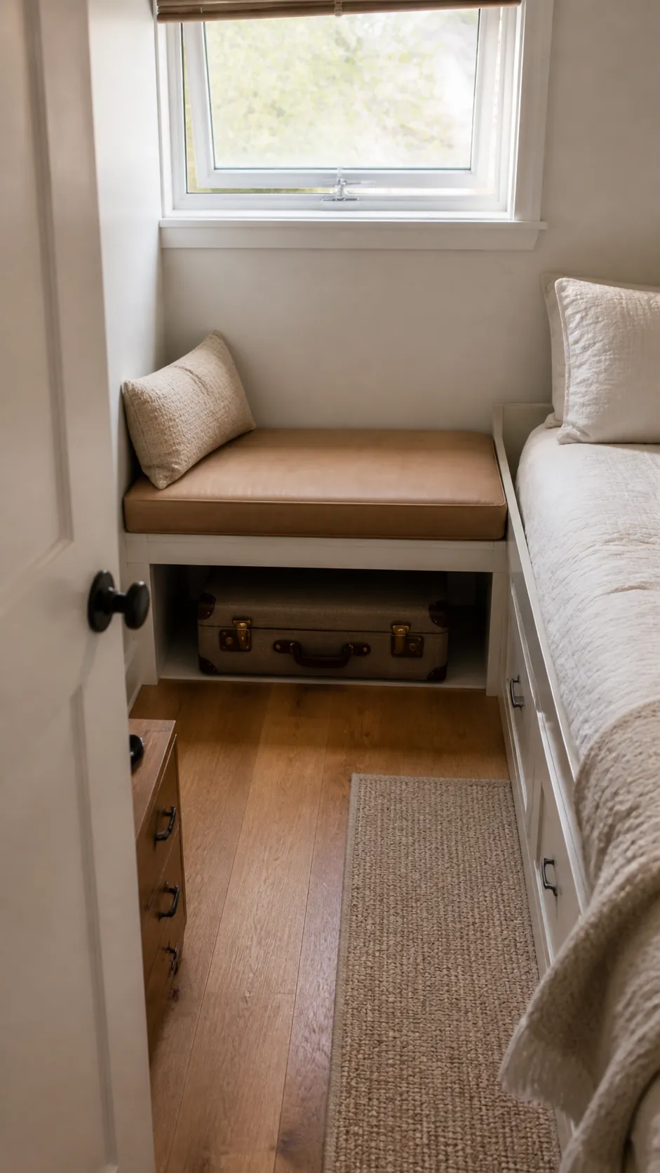Narrow Sill Perch in a practical bedroom window seat design