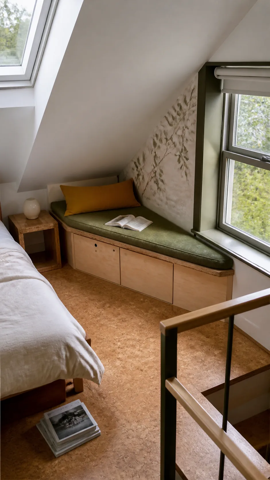 Under Eaves Corner Bench in a practical bedroom window seat design