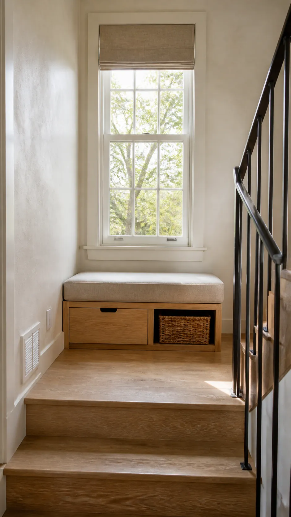 Stair Landing Window Seat for a compact and practical window nook