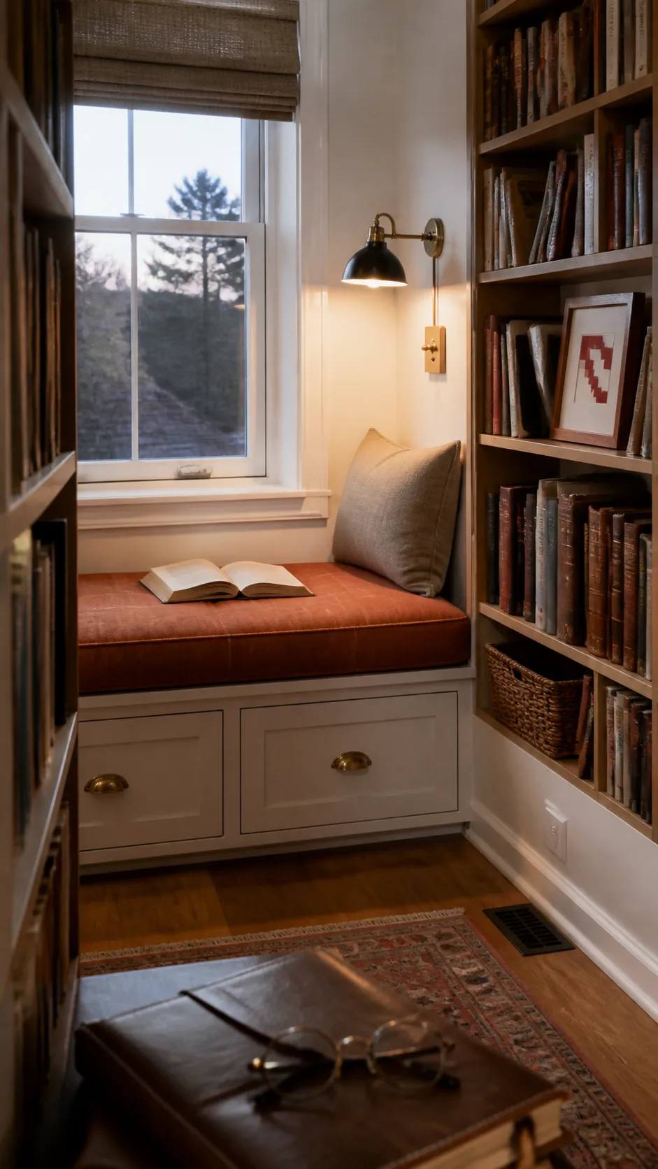 Bookshelf End Nook for a compact and practical window nook